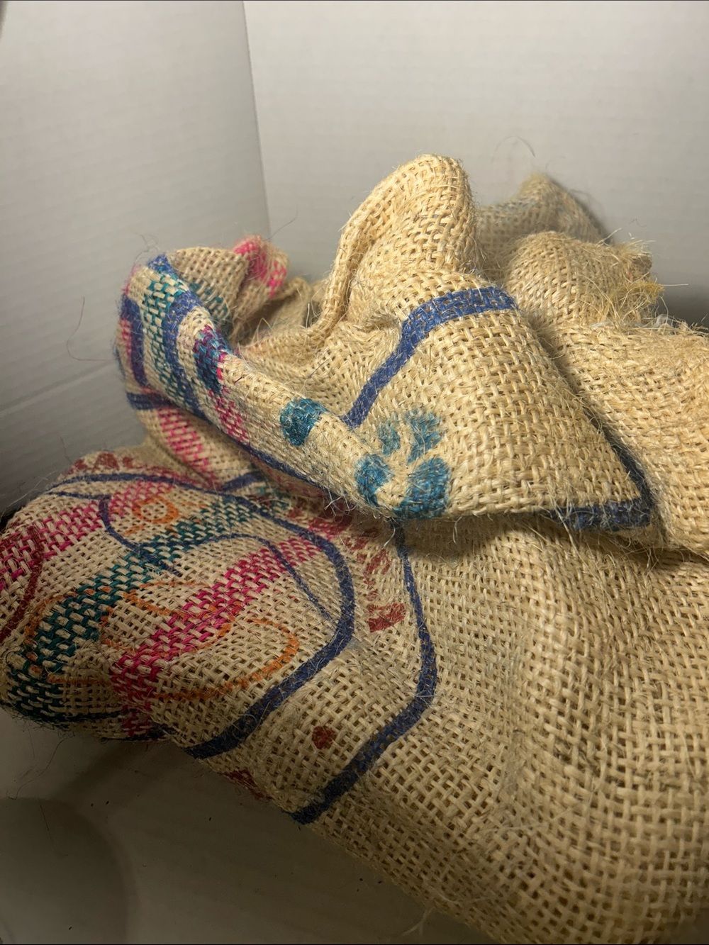 Natural Burlap Decorative Fabric with Blue and Multicolor Print